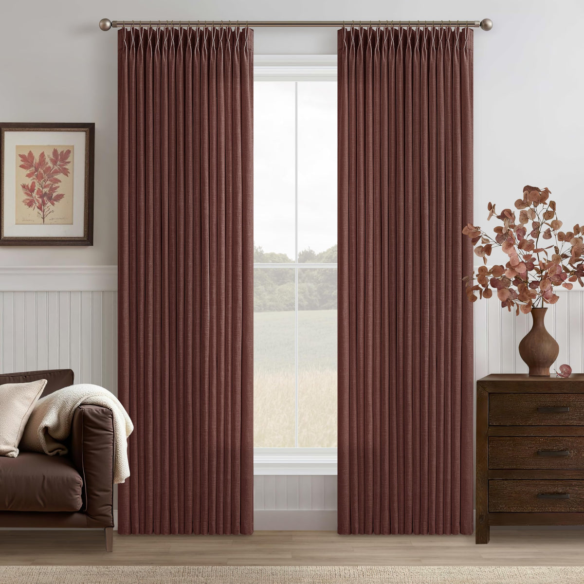 Natural Pinch Pleated Linen Blend Semi Sheer Window Curtains 90 Inches Long