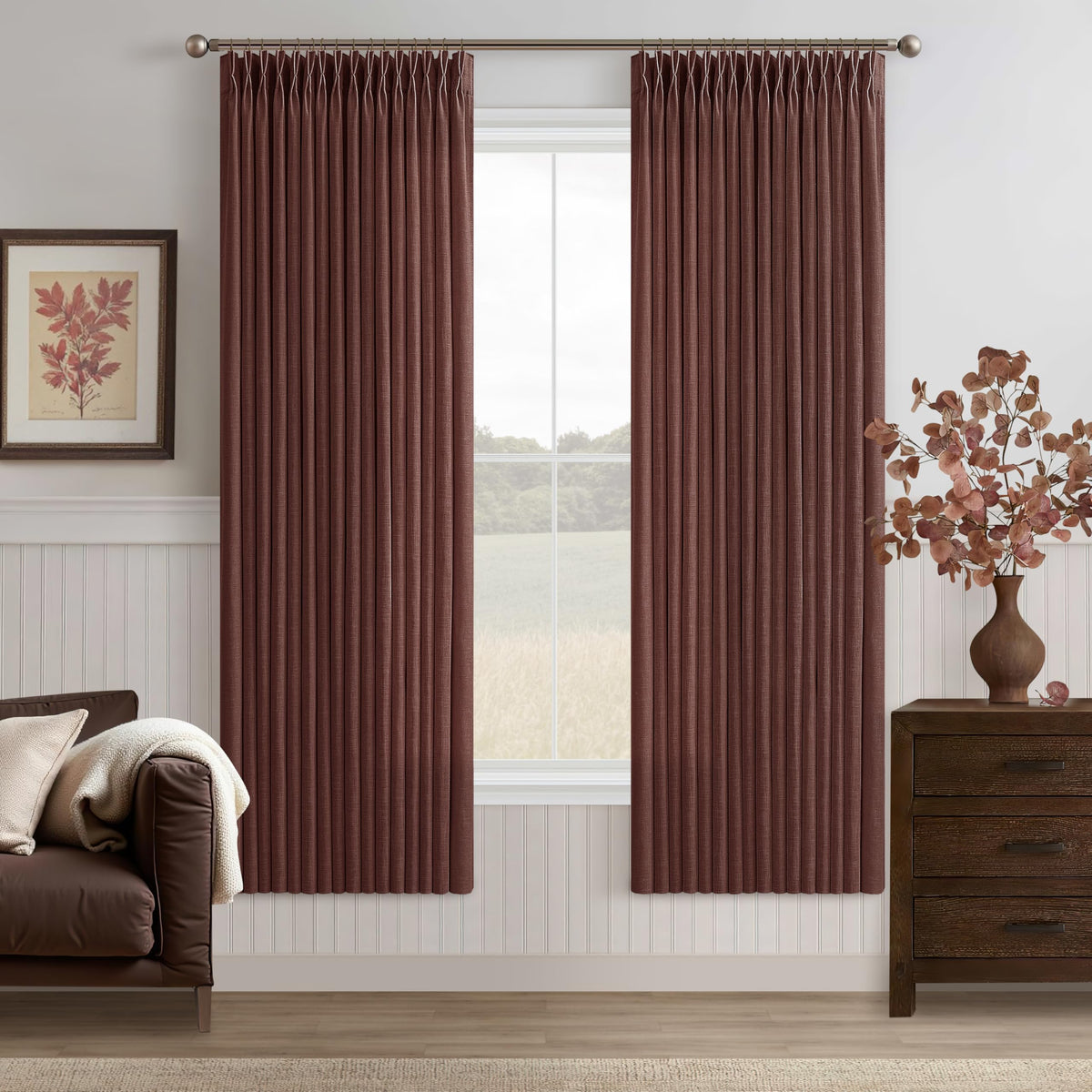 Natural Pinch Pleated Linen Blend Semi Sheer Window Curtains 90 Inches Long