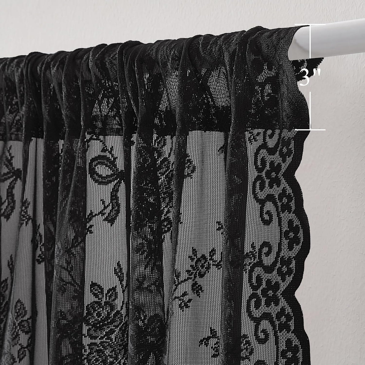 PONY DANCE Black Sheer Lace Curtains 63 Inches Long, 2 Panels, 52W x 63L