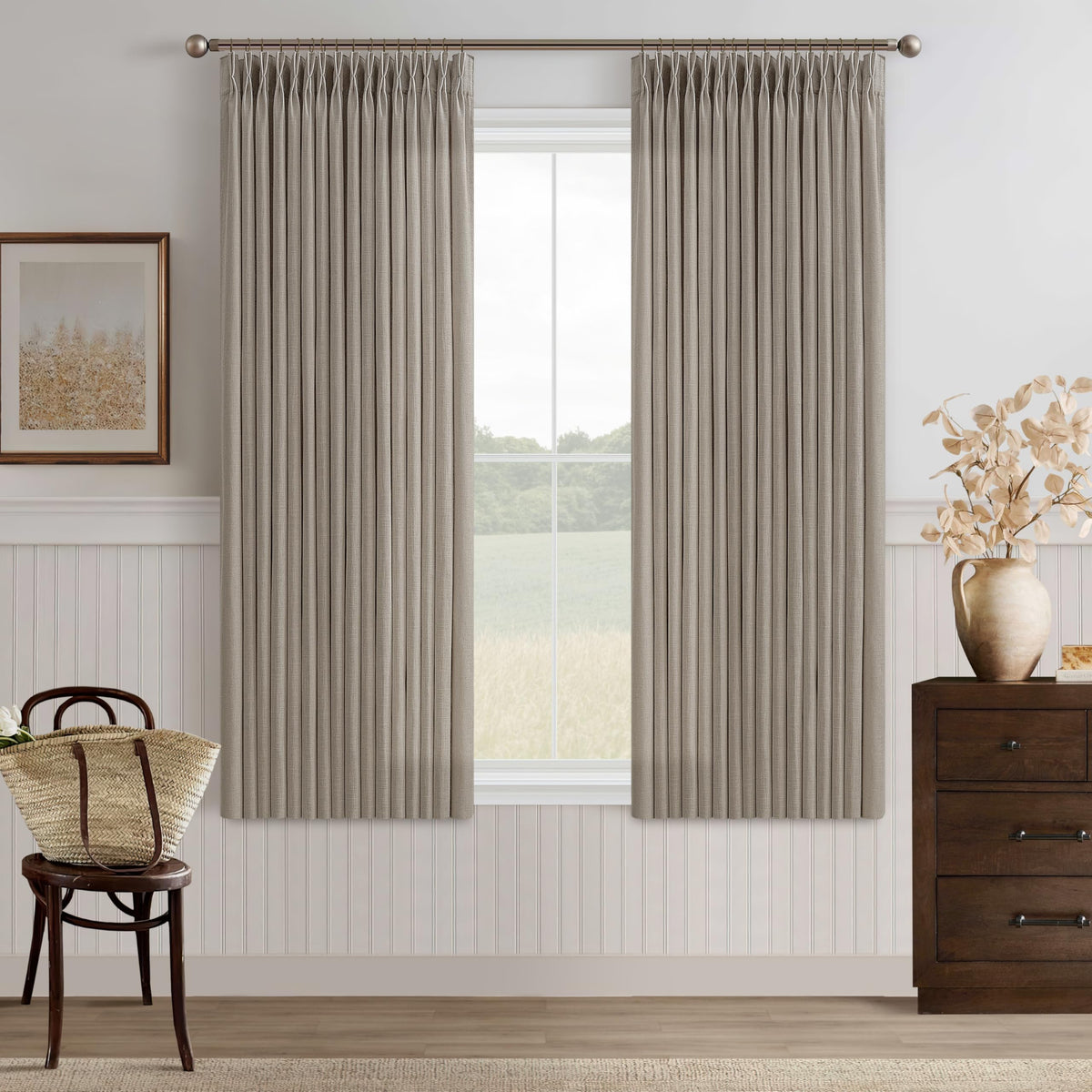 Natural Pinch Pleated Linen Blend Semi Sheer Window Curtains 90 Inches Long