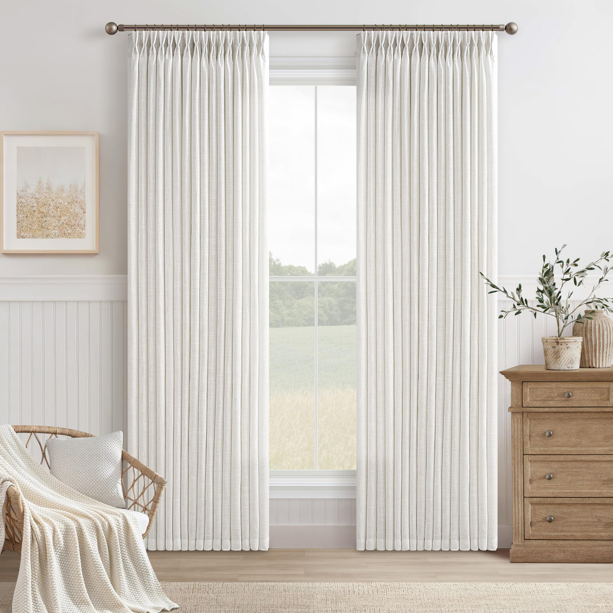 Natural Pinch Pleated Linen Blend Semi Sheer Window Curtains 90 Inches Long