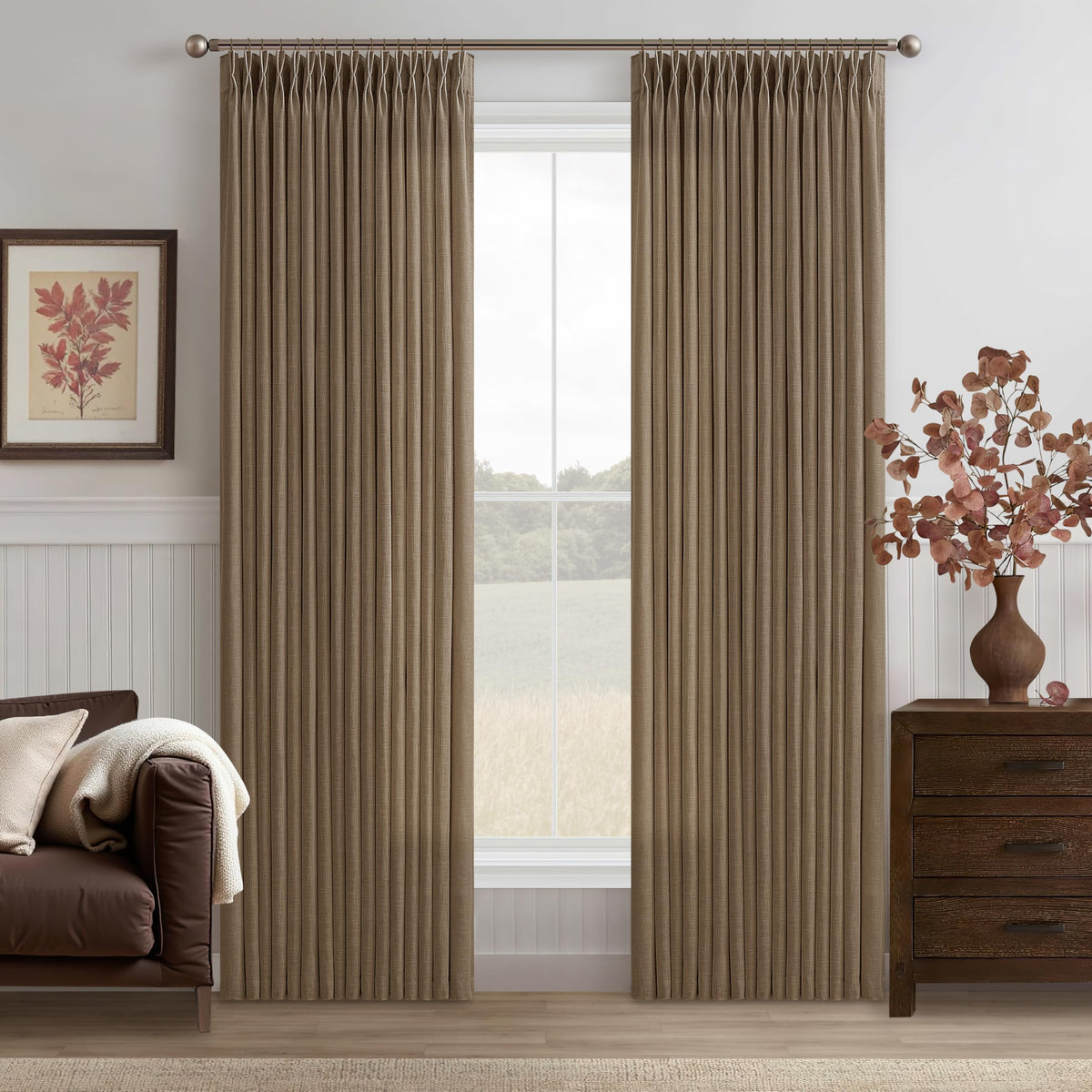Natural Pinch Pleated Linen Blend Semi Sheer Window Curtains 90 Inches Long