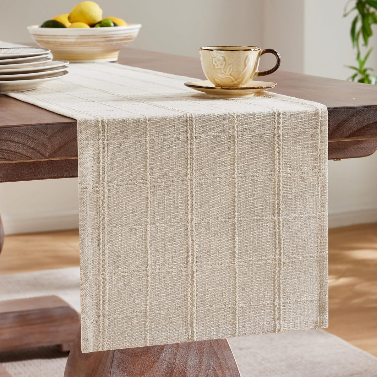 ZeeMart Linen Checked Farmhouse Table Runner, 13x72 Inches Neutral Beige