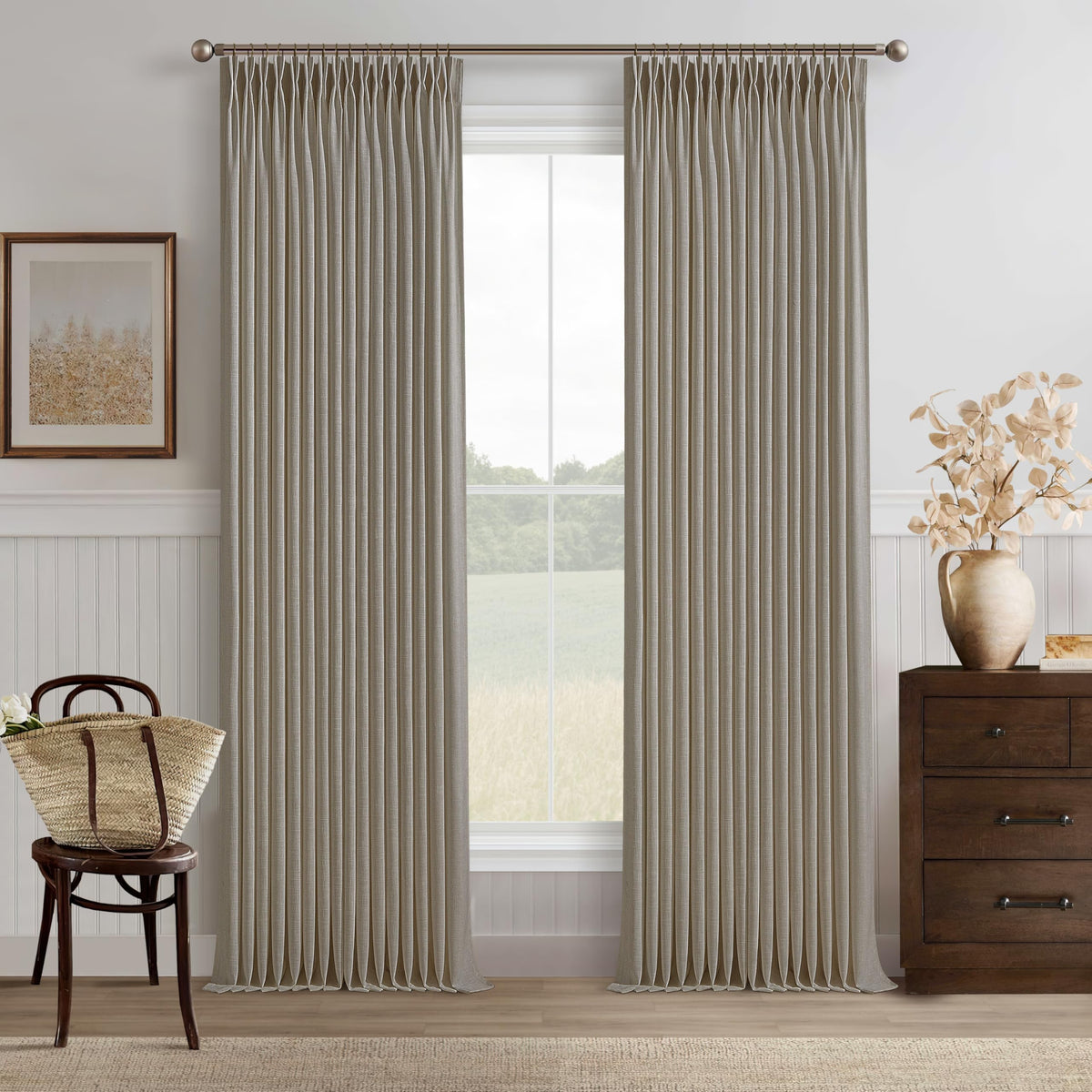 Natural Pinch Pleated Linen Blend Semi Sheer Window Curtains 90 Inches Long