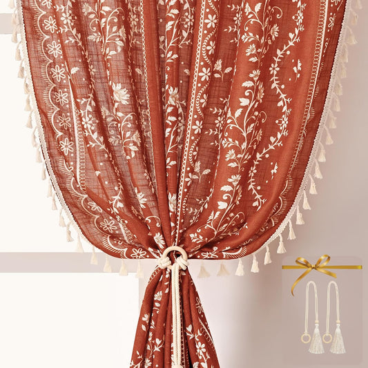Yinhua Boho Curtains for Living Room 63 Inch Length Vintage Linen Terracotta Curtains Light Filtering Floral Window Curtain Rod Pocket & Back Tabs Farmhouse Tassel Burnt Orange Drapes with Tiebacks