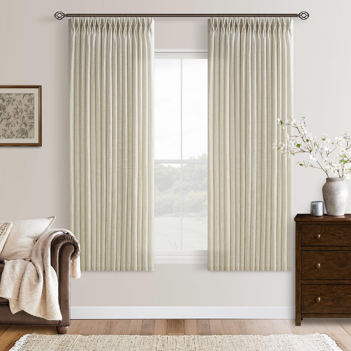 Natural Pinch Pleated Linen Blend Semi Sheer Window Curtains 90 Inches Long
