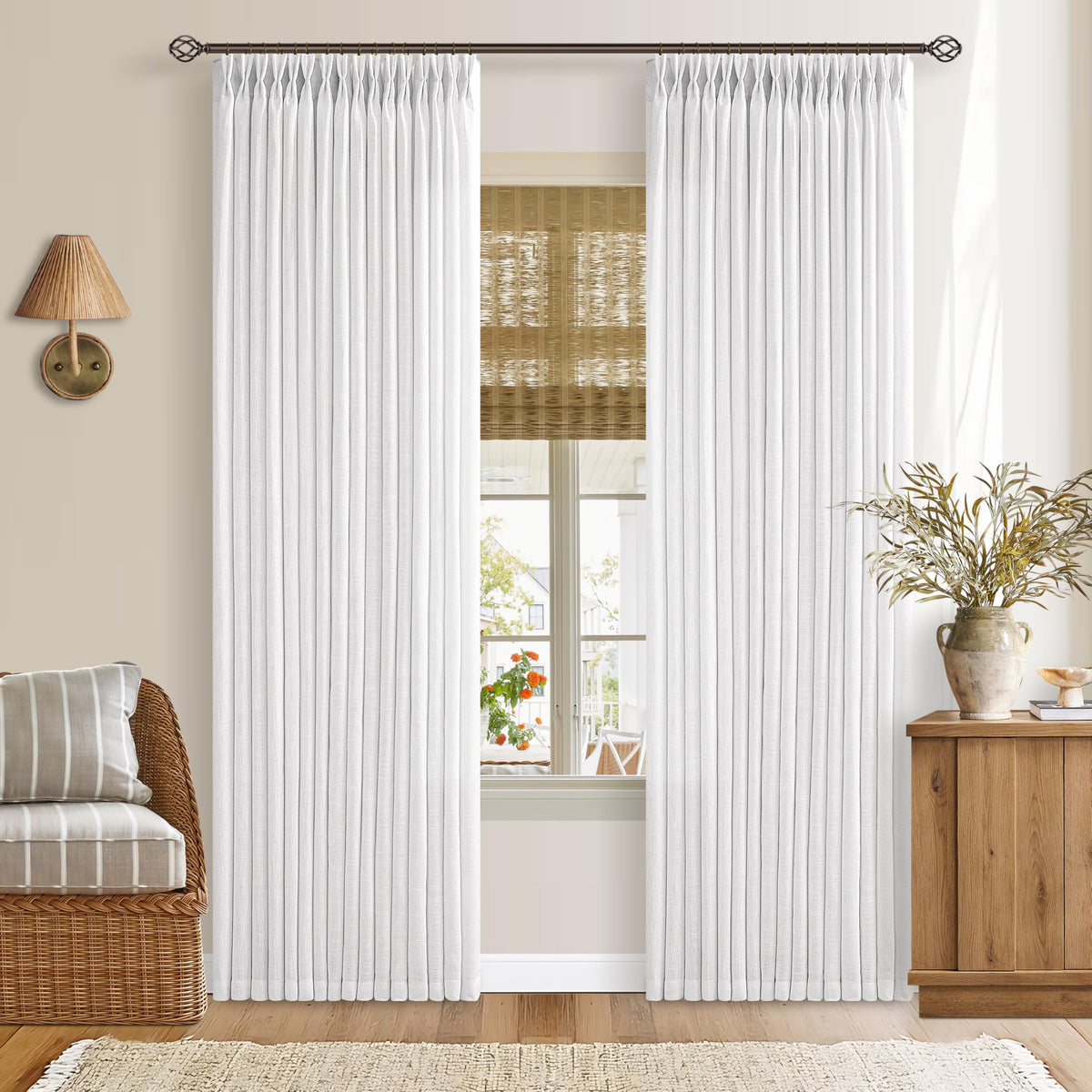 Natural Pinch Pleated Linen Blend Semi Sheer Window Curtains 90 Inches Long