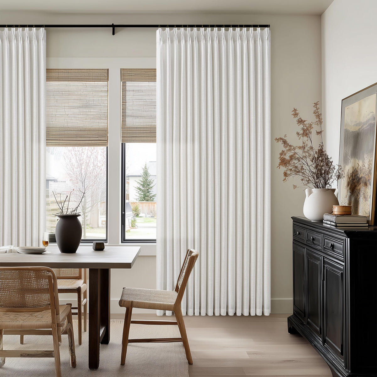 Natural Pinch Pleated Linen Blend Semi Sheer Window Curtains 90 Inches Long