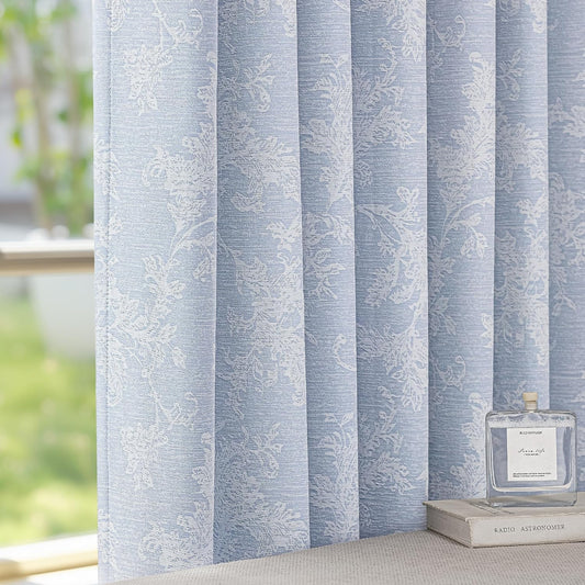 FMFUNCTEX Blue Floral Jacquard Blackout Curtains, 52X84 Inches, 2 Panels