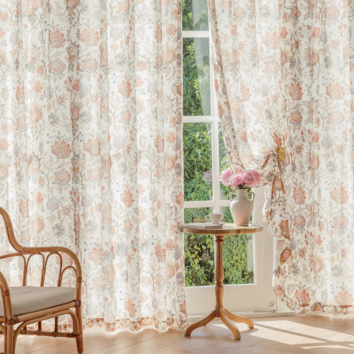 FMFUNCTEX Beige Boho Blackout Floral Curtains, 52X84 Inches, 2 Panels