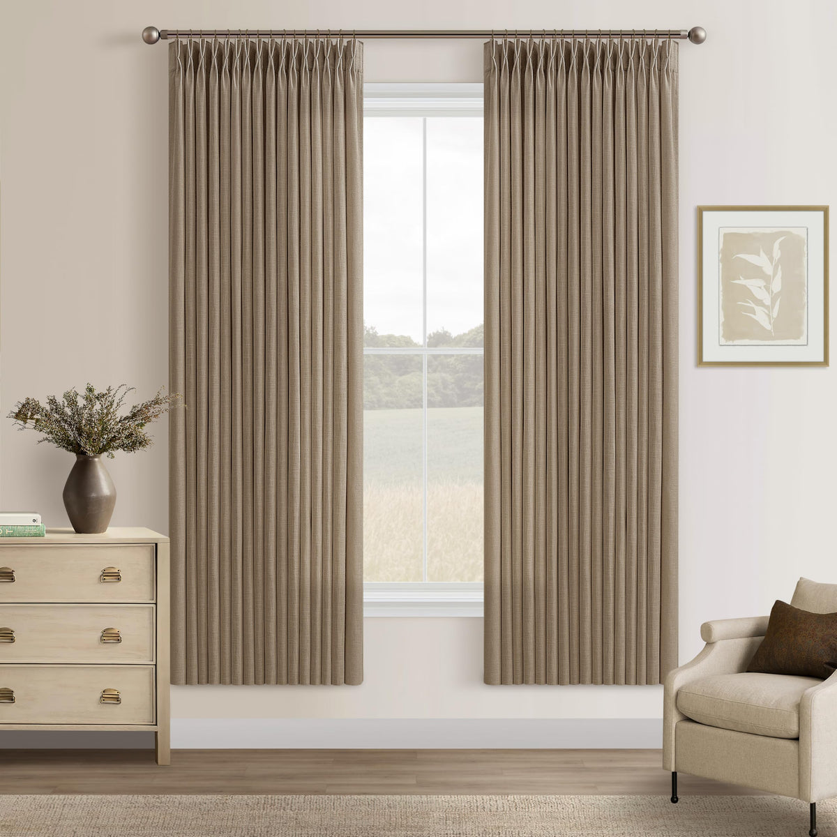 Natural Pinch Pleated Linen Blend Semi Sheer Window Curtains 90 Inches Long