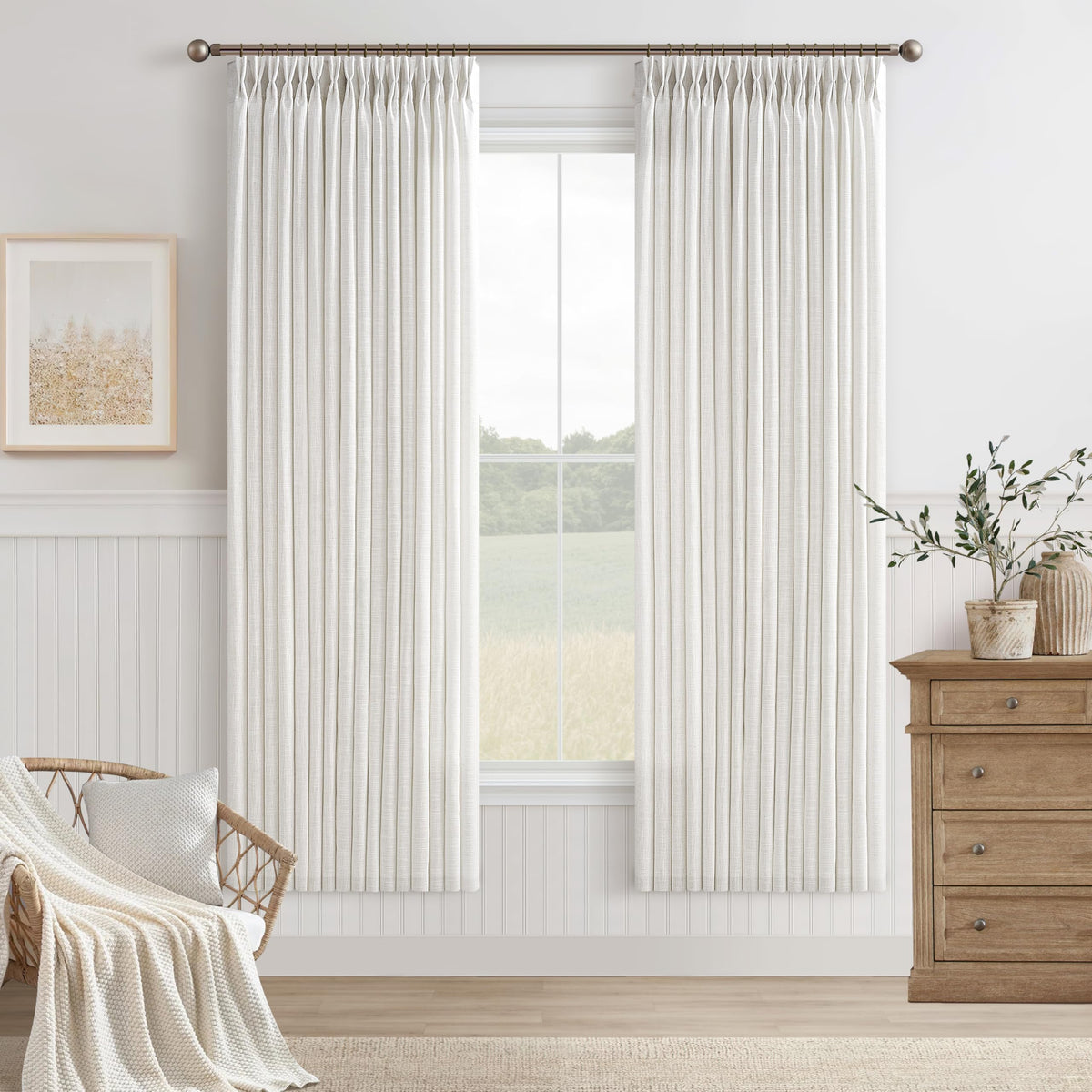 Natural Pinch Pleated Linen Blend Semi Sheer Window Curtains 90 Inches Long