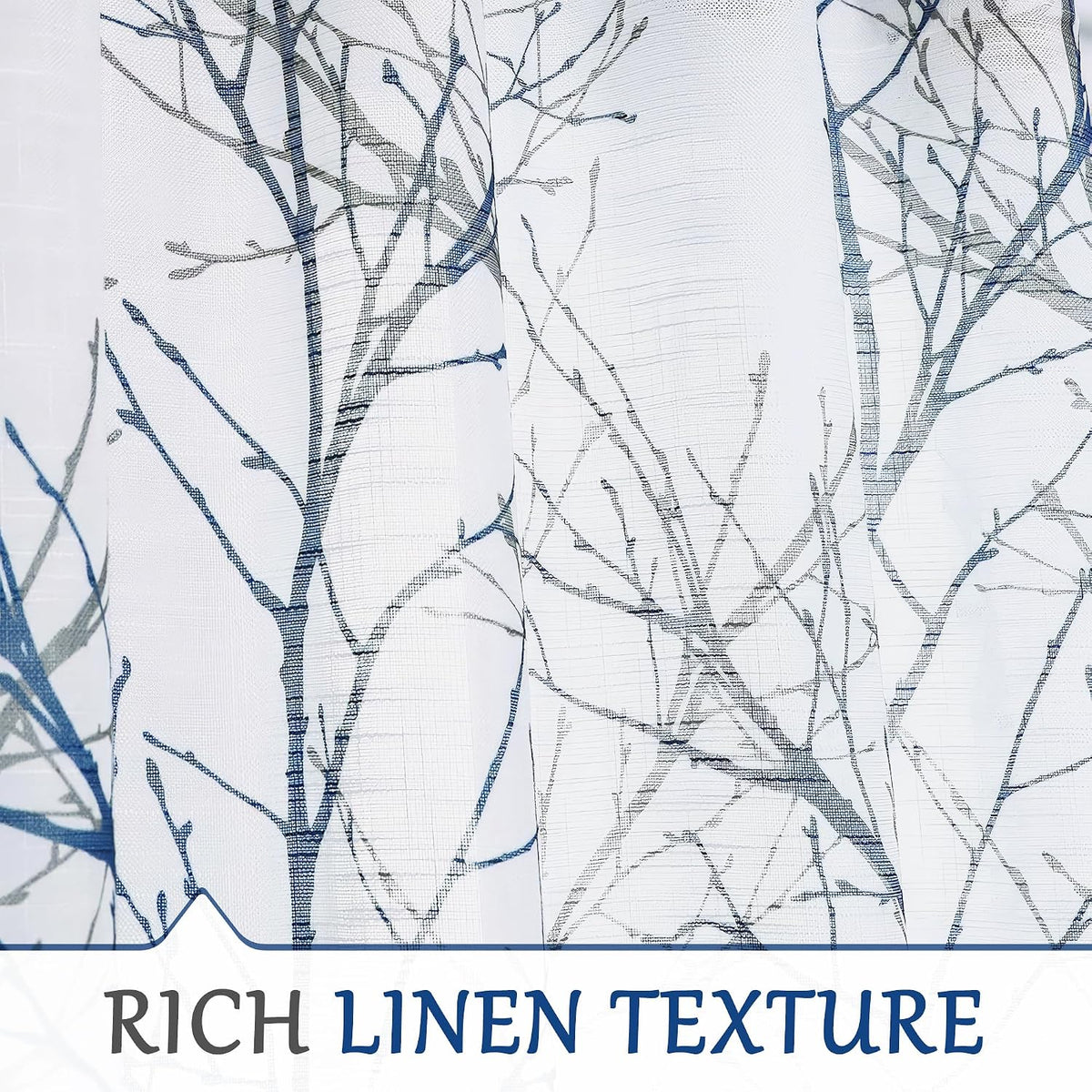 FMFUNCTEX Linen Blue White Semi Sheer Print Curtains 84 Inch Long 2 Panels