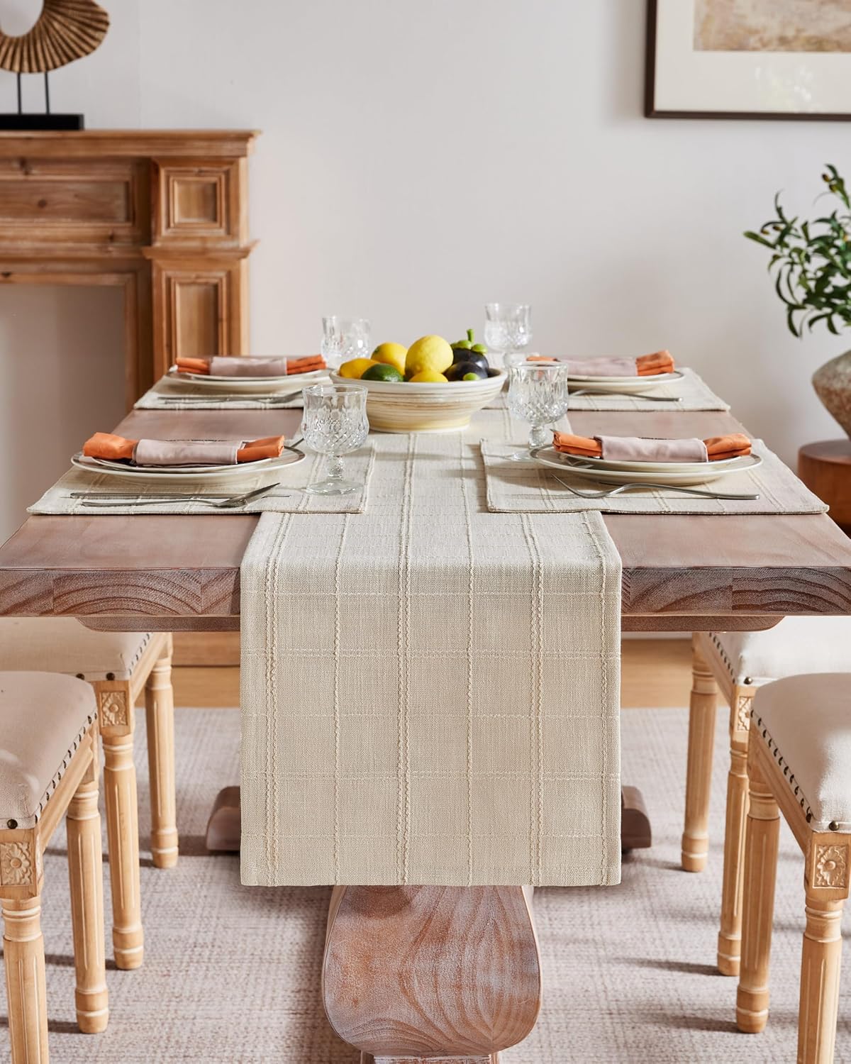 ZeeMart Linen Checked Farmhouse Table Runner, 13x72 Inches Neutral Beige