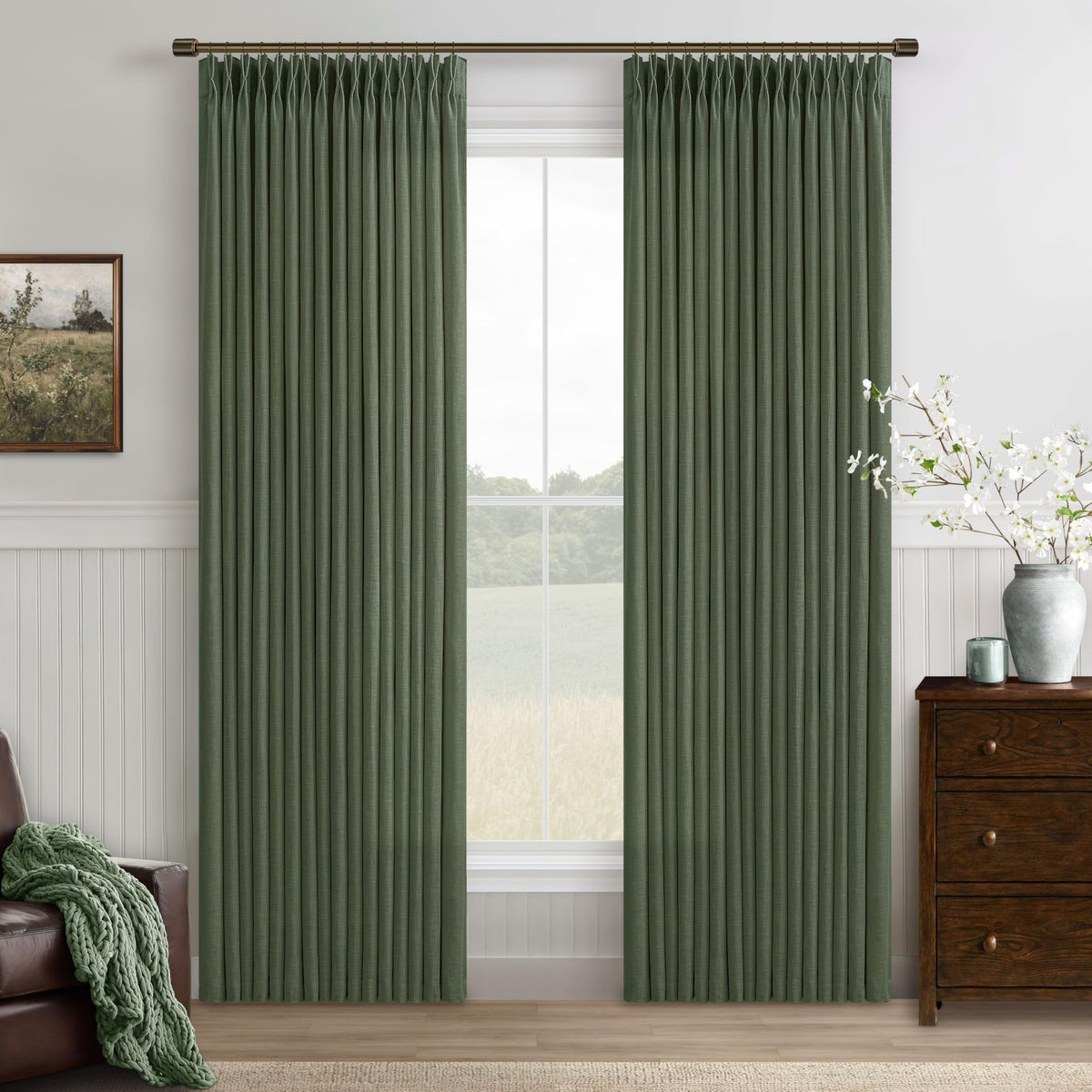 Natural Pinch Pleated Linen Blend Semi Sheer Window Curtains 90 Inches Long