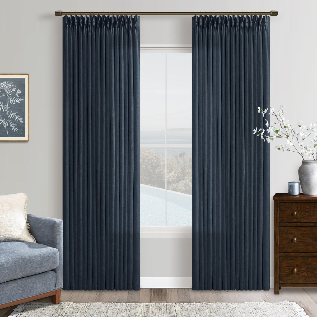 Natural Pinch Pleated Linen Blend Semi Sheer Window Curtains 90 Inches Long