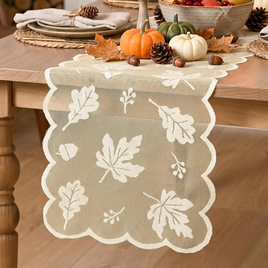 Artoid Mode Beige Lace Jacquard Maple Leaf Fall Table Runner 13x72 Inch