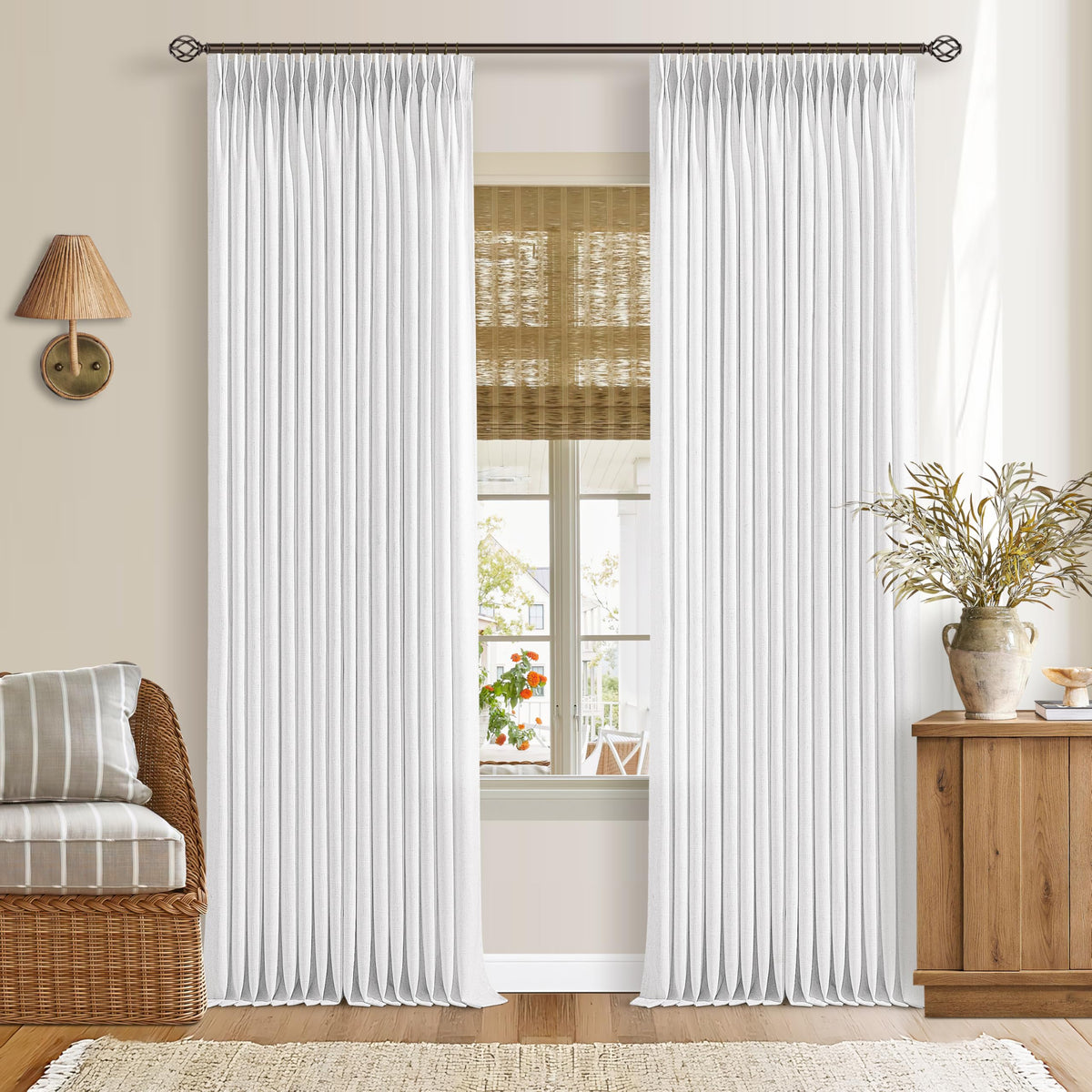 Natural Pinch Pleated Linen Blend Semi Sheer Window Curtains 90 Inches Long