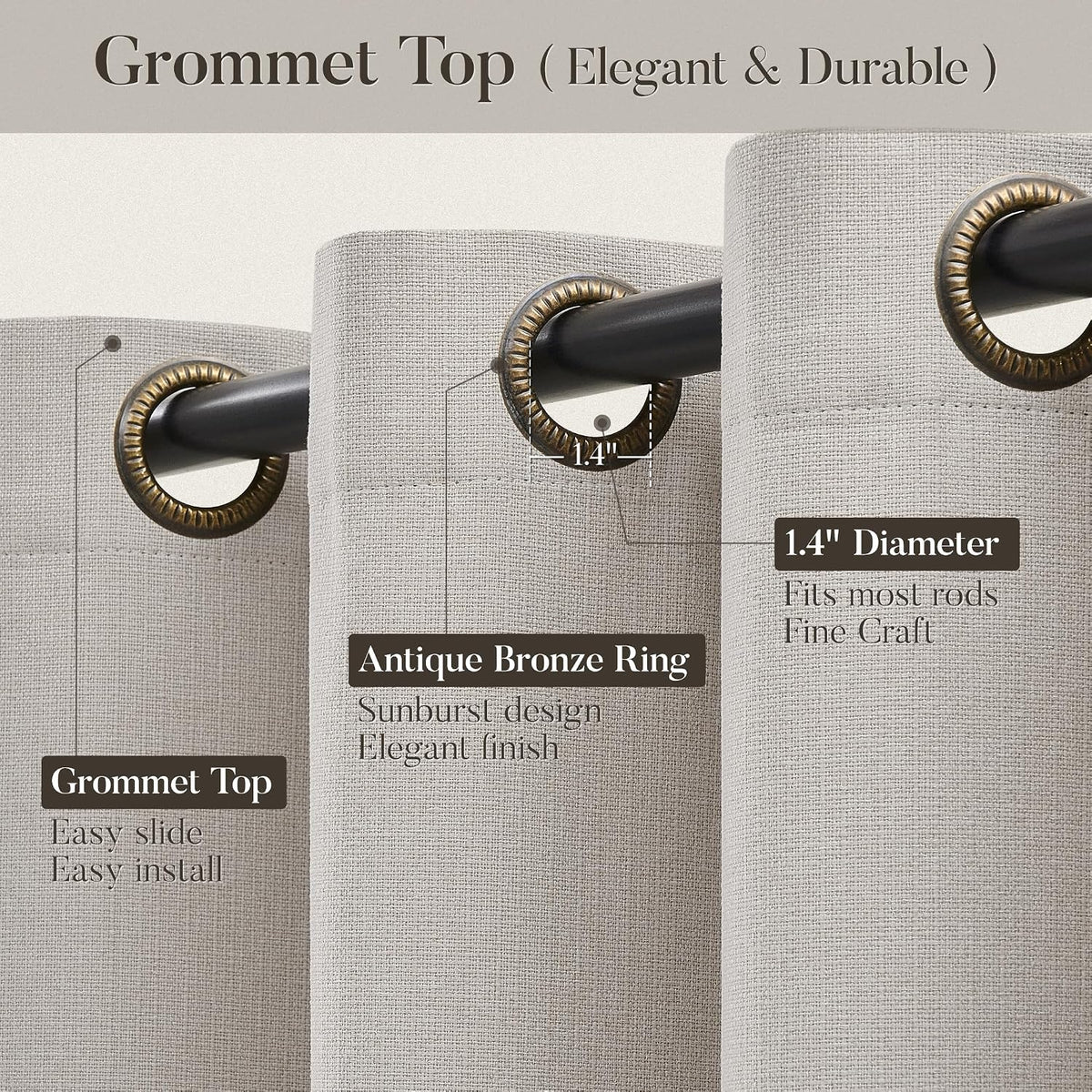 Natural Ivory 100% Blackout Grommet Linen Curtains 90 Inch Long 2 Panels
