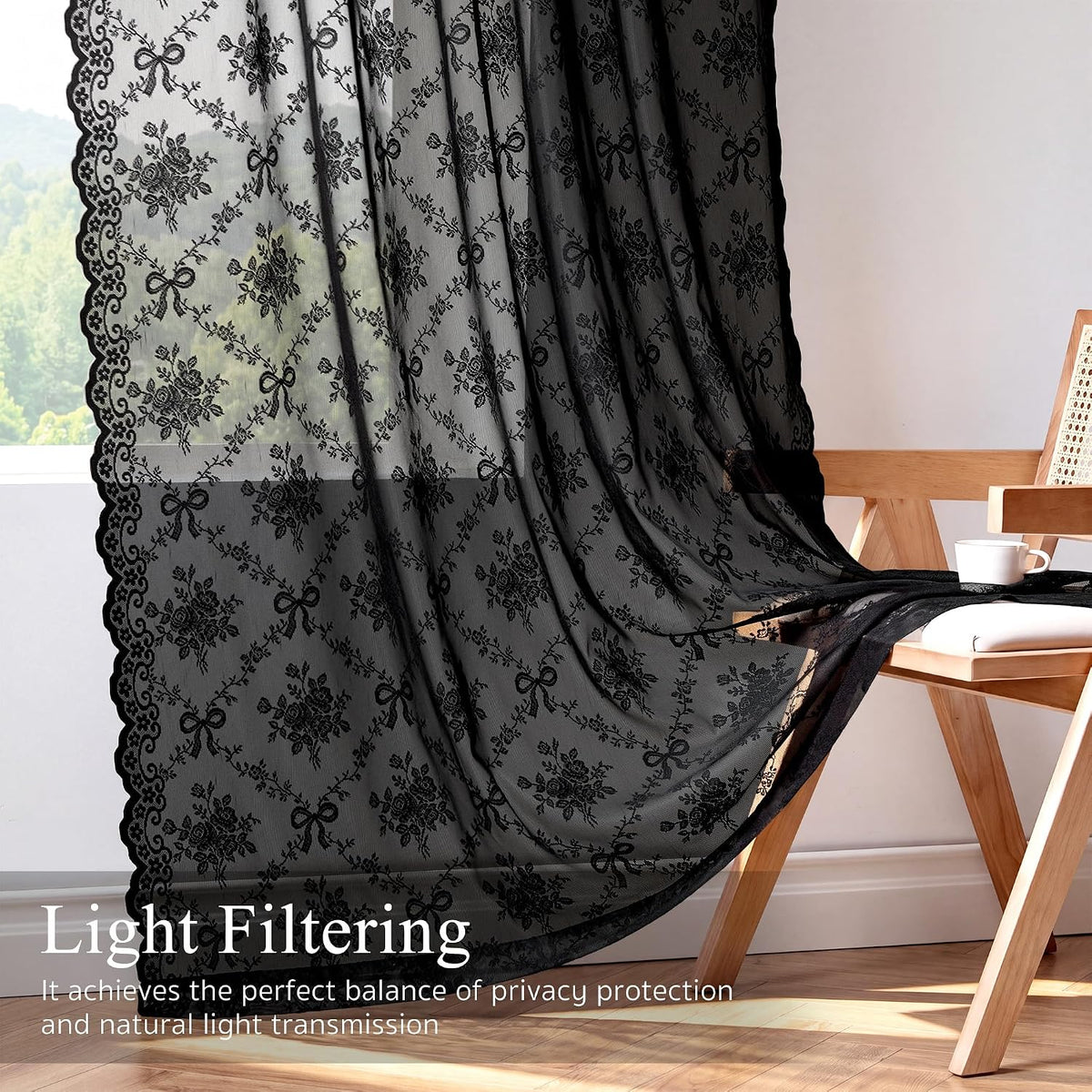 PONY DANCE Black Sheer Lace Curtains 63 Inches Long, 2 Panels, 52W x 63L