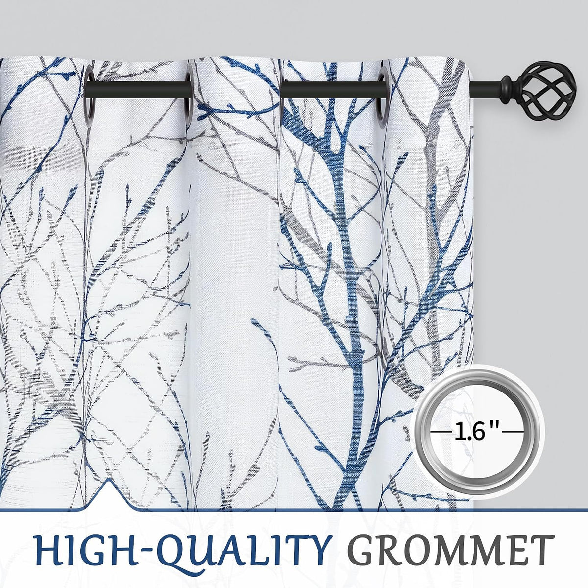 FMFUNCTEX Linen Blue White Semi Sheer Print Curtains 84 Inch Long 2 Panels