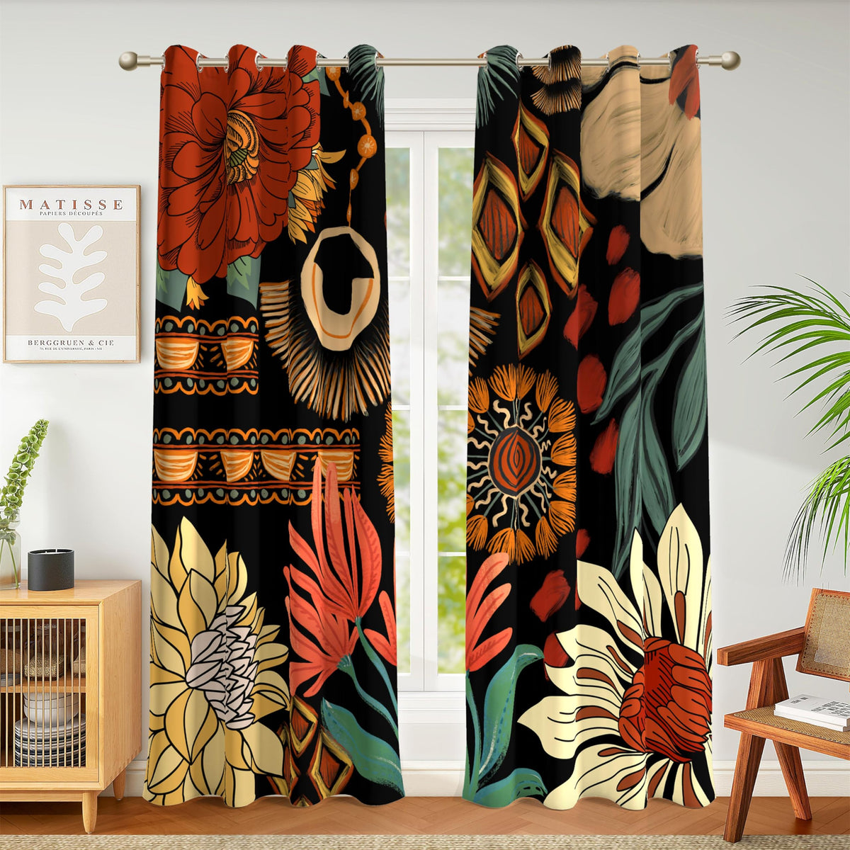 Tyrot Black Boho Floral Grommet Blackout Curtains, 52W x 84L, 2 Panels