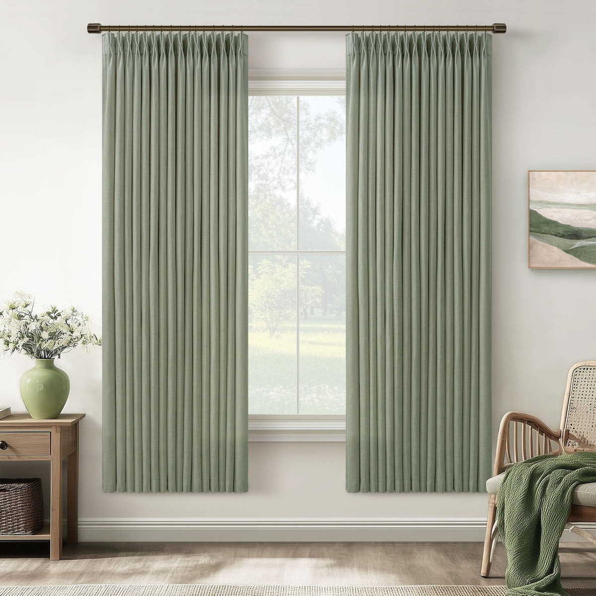 Natural Pinch Pleated Linen Blend Semi Sheer Window Curtains 90 Inches Long