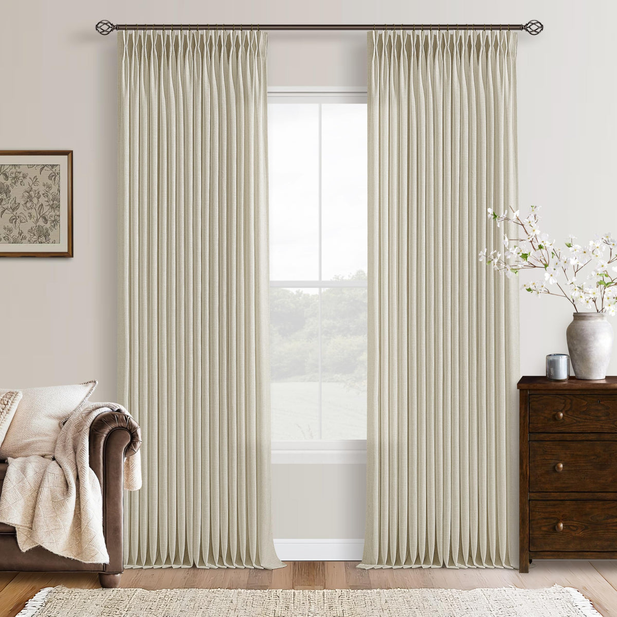 Natural Pinch Pleated Linen Blend Semi Sheer Window Curtains 90 Inches Long
