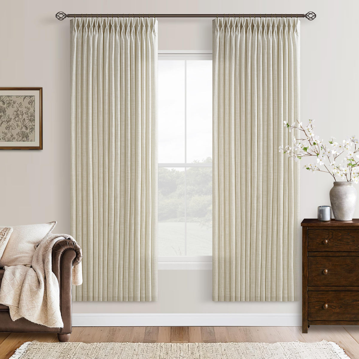 Natural Pinch Pleated Linen Blend Semi Sheer Window Curtains 90 Inches Long