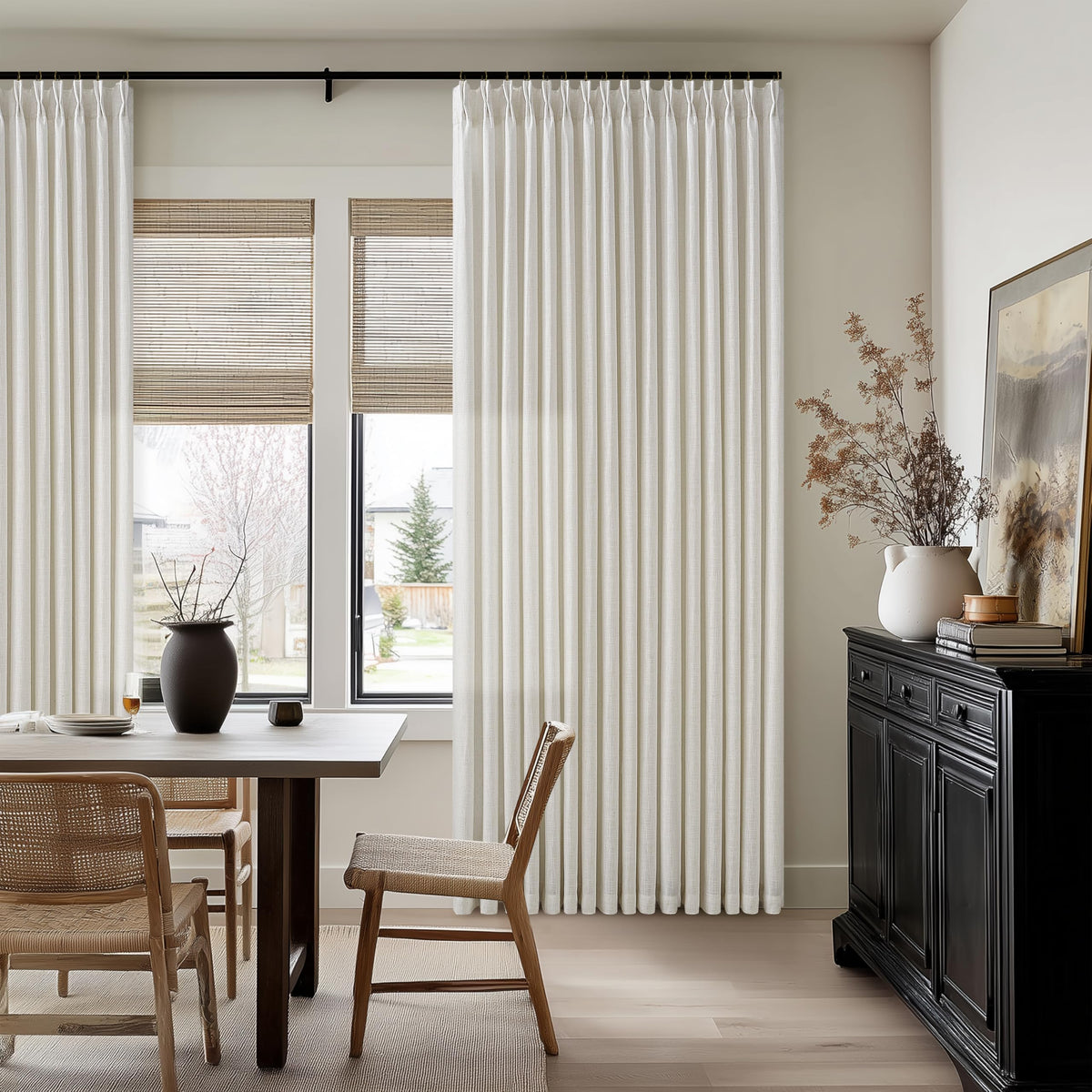 Natural Pinch Pleated Linen Blend Semi Sheer Window Curtains 90 Inches Long