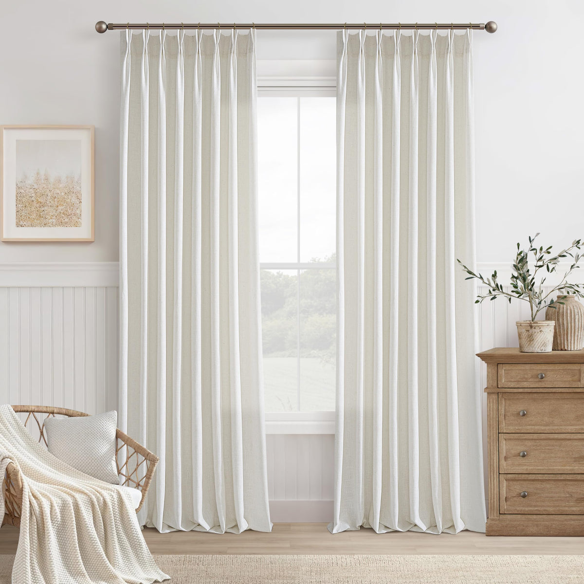 Natural Pinch Pleated Linen Blend Semi Sheer Window Curtains 90 Inches Long