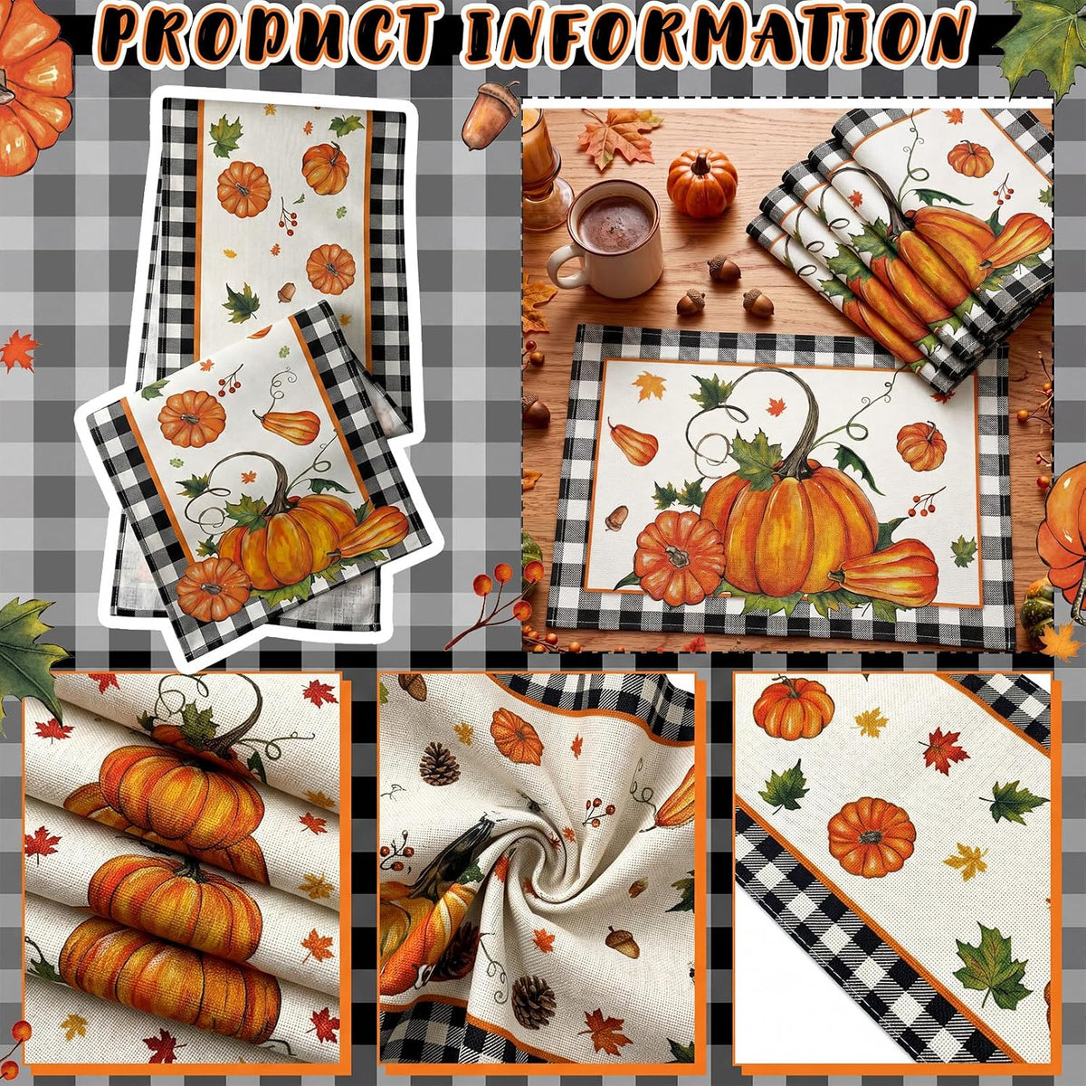 Patelai 7 Pcs Fall Table Runner and Placemats Set, Serve 6