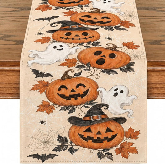 Halloween Table Runner 13 x 72 Inch, Fall Autumn Kitchen Dining Room Table Decor, Pumpkin Ghost Trick or Treat Indoor Party Tablecloth Cover