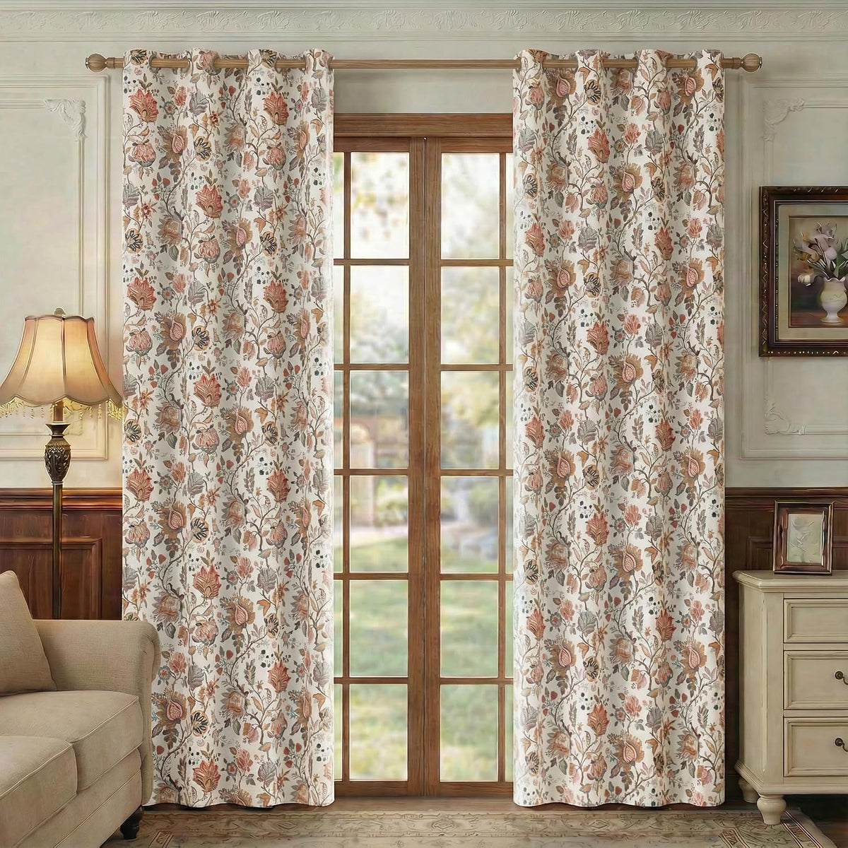 FMFUNCTEX Beige Boho Blackout Floral Curtains, 52X84 Inches, 2 Panels