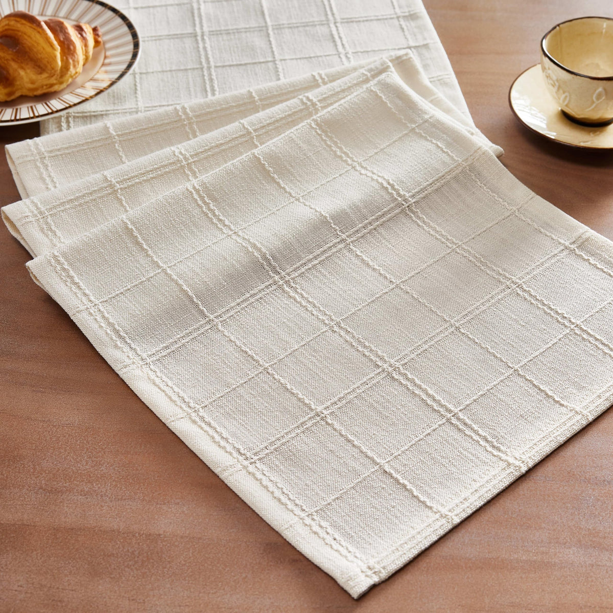 ZeeMart Linen Checked Farmhouse Table Runner, 13x72 Inches Neutral Beige