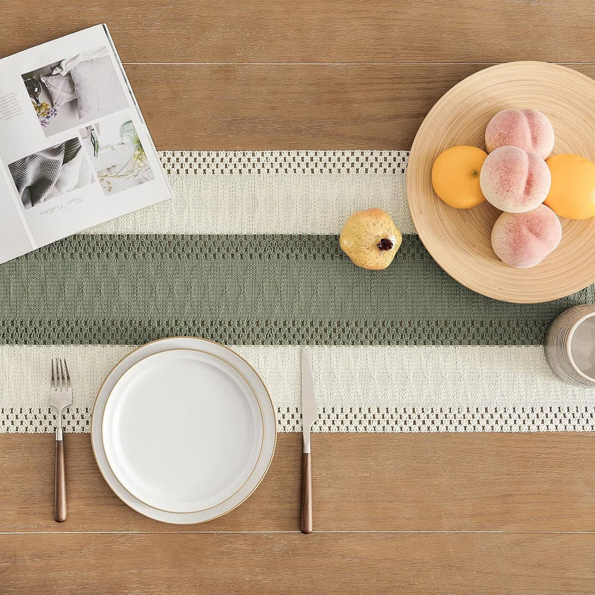 ZeeMart Macrame Style Bicolor Stitching Table Runner 14x72in Green