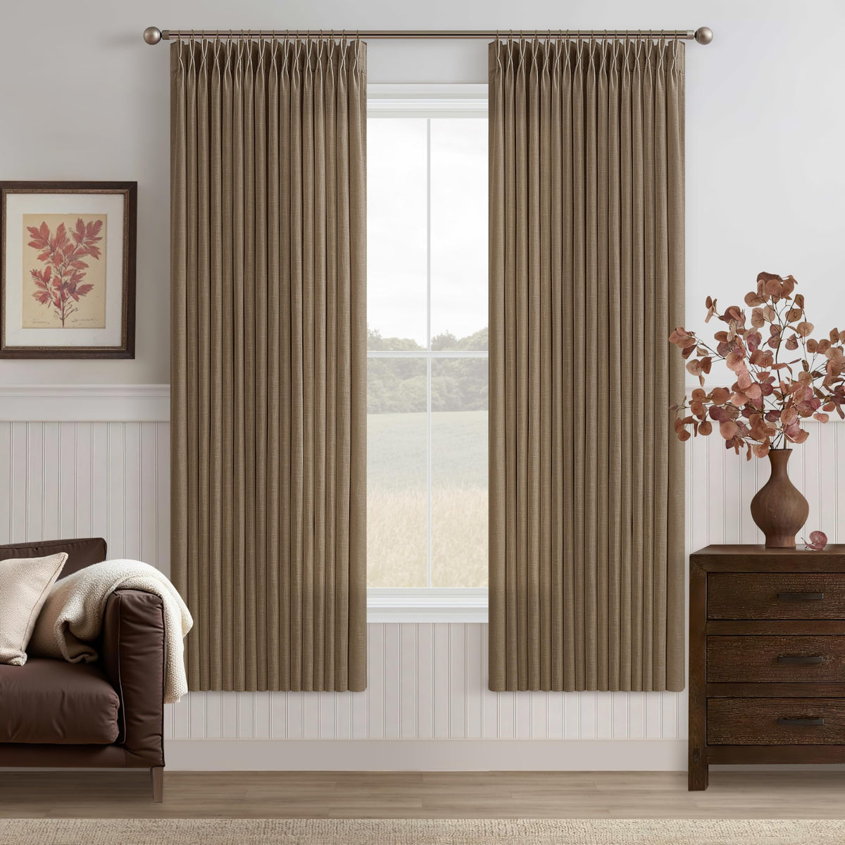 Natural Pinch Pleated Linen Blend Semi Sheer Window Curtains 90 Inches Long