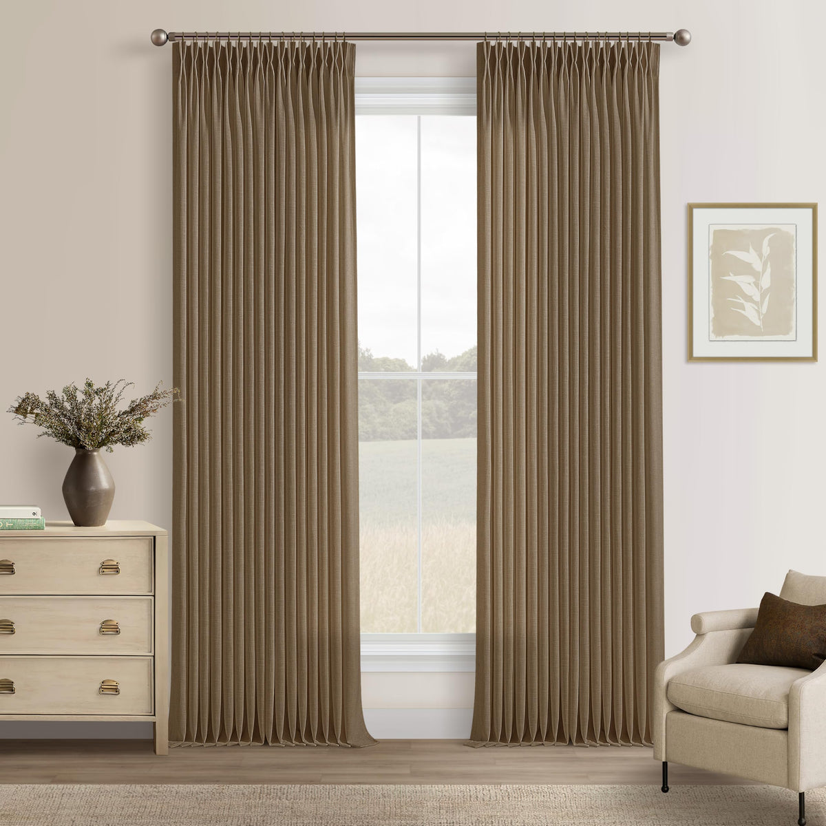 Natural Pinch Pleated Linen Blend Semi Sheer Window Curtains 90 Inches Long