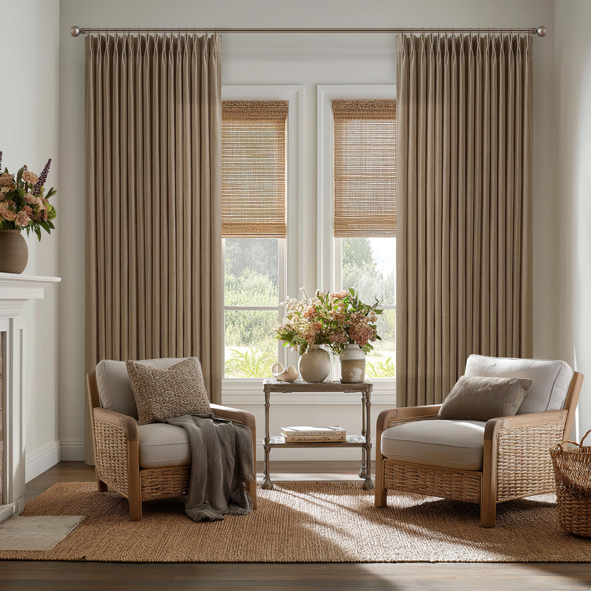 Natural Pinch Pleated Linen Blend Semi Sheer Window Curtains 90 Inches Long