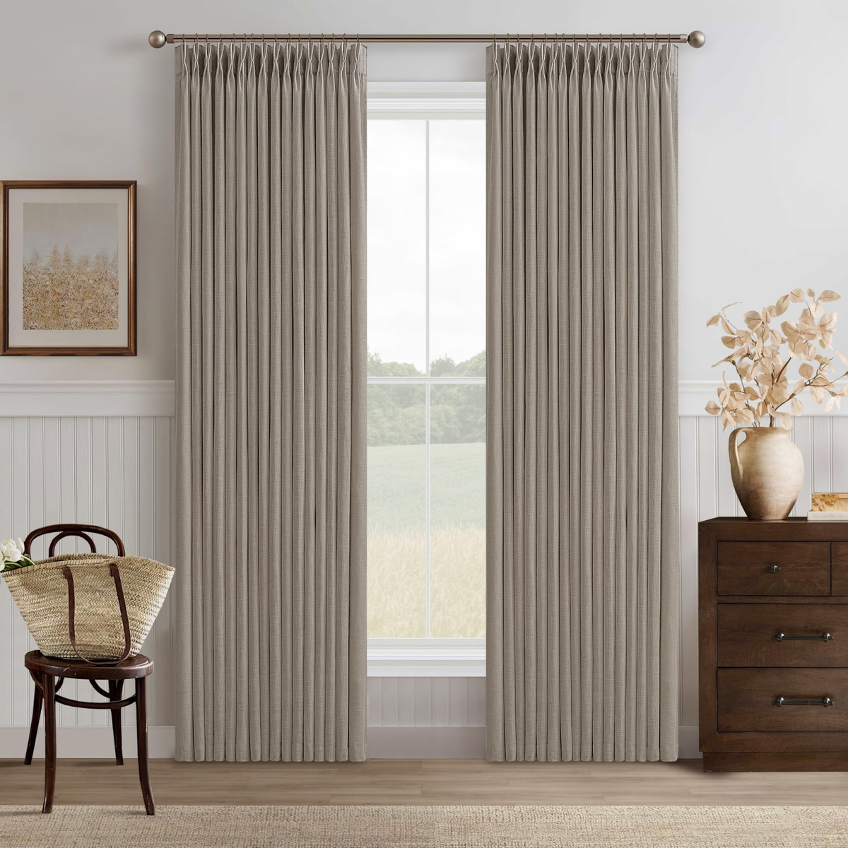 Natural Pinch Pleated Linen Blend Semi Sheer Window Curtains 90 Inches Long