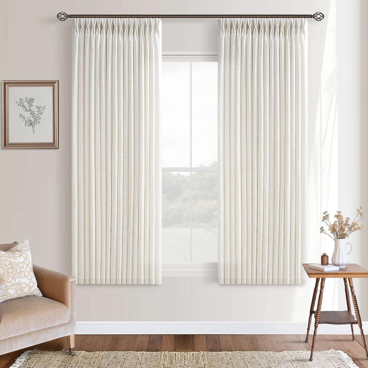 Natural Pinch Pleated Linen Blend Semi Sheer Window Curtains 90 Inches Long