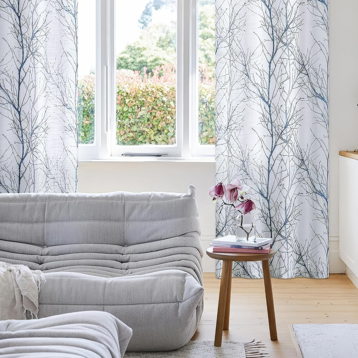 FMFUNCTEX Linen Blue White Semi Sheer Print Curtains 84 Inch Long 2 Panels