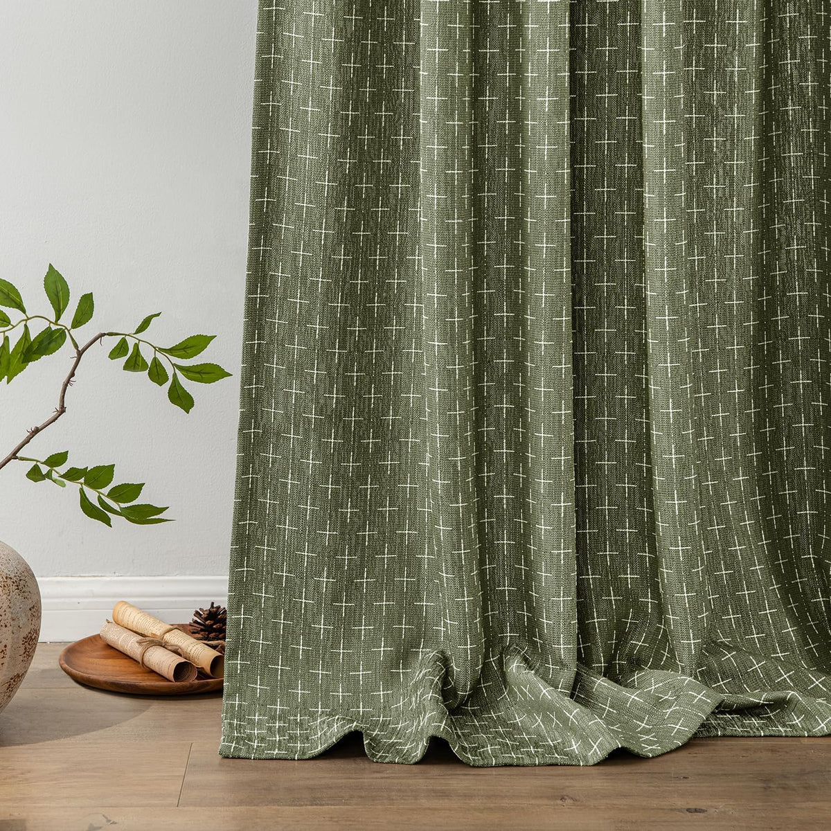 MIULEE Christmas Farmhouse Linen Curtains, Back Tab, 52Wx84L, Olive Green