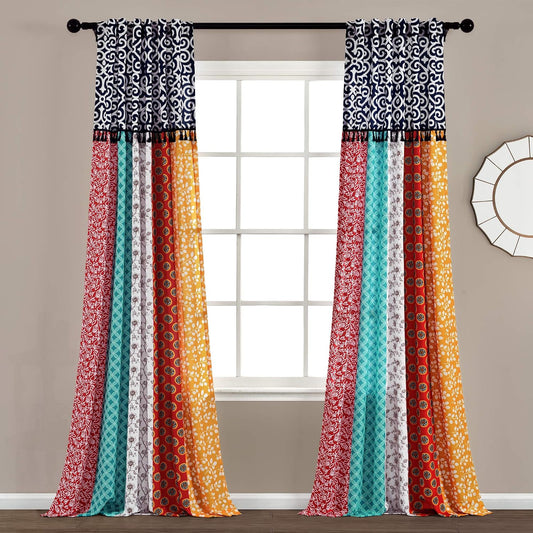 Lush Decor Boho Patch Light Filtering Window Curtain Panels Pair 45" W x 84" L Orange & Navy - Boho Curtains for Living Room - Colorful Bedroom Curtains