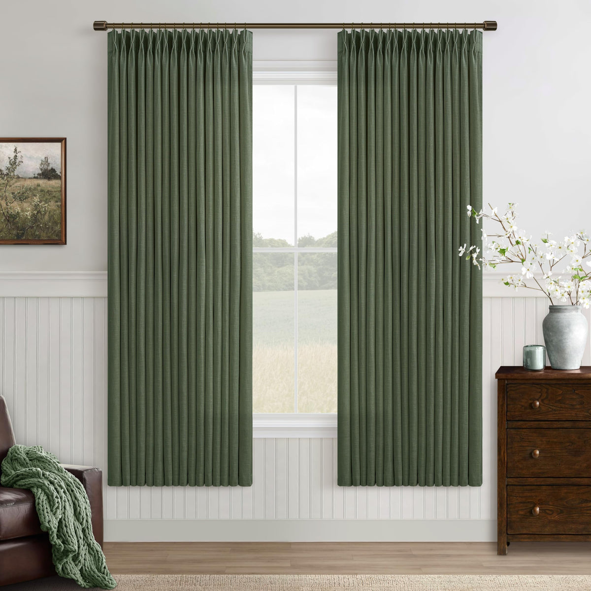 Natural Pinch Pleated Linen Blend Semi Sheer Window Curtains 90 Inches Long