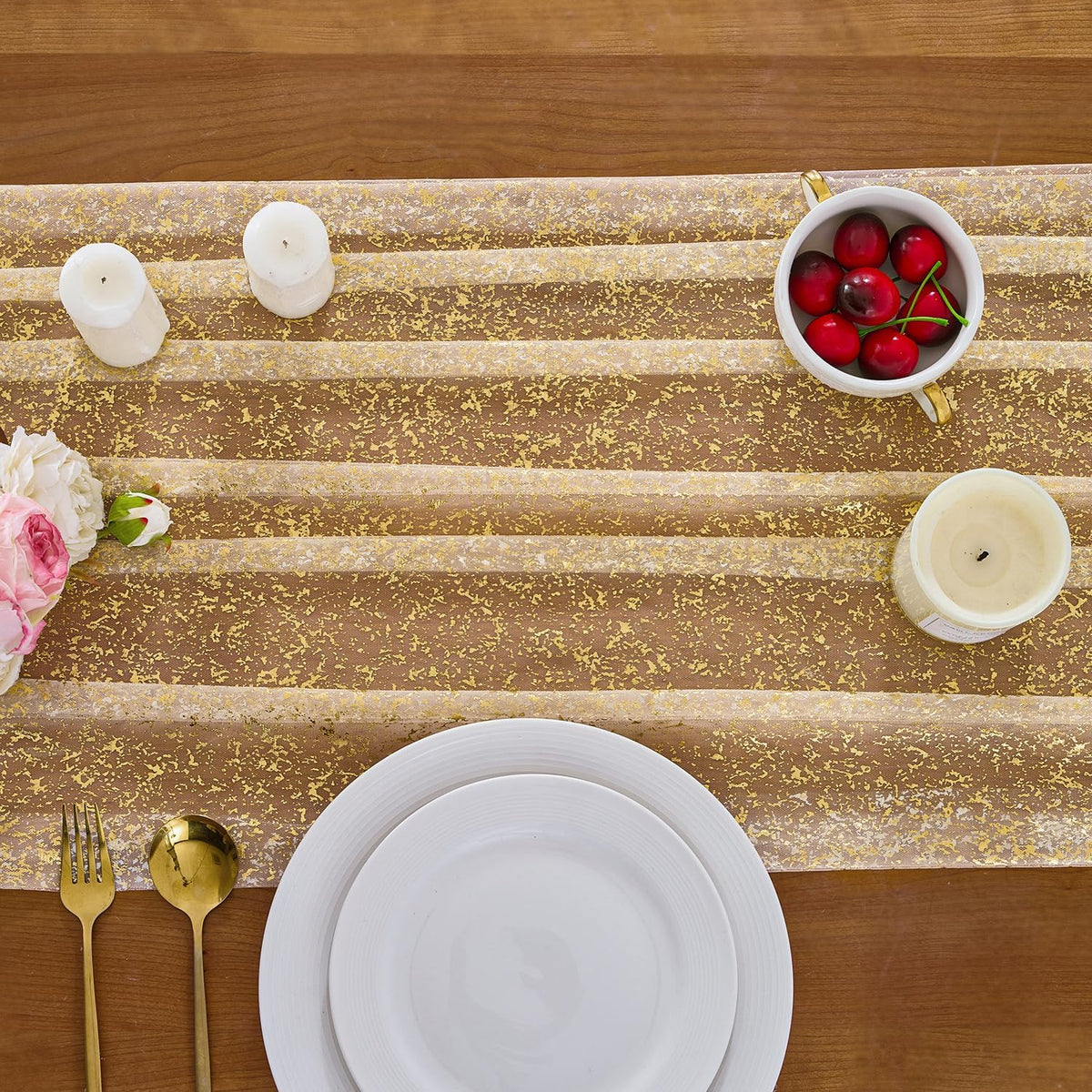 12PC Gold Gauze Table Runner 120 Inch 10FT Dining Wedding Baby Shower Holiday Birthday Sparkly Sheer Tulle Table Décor