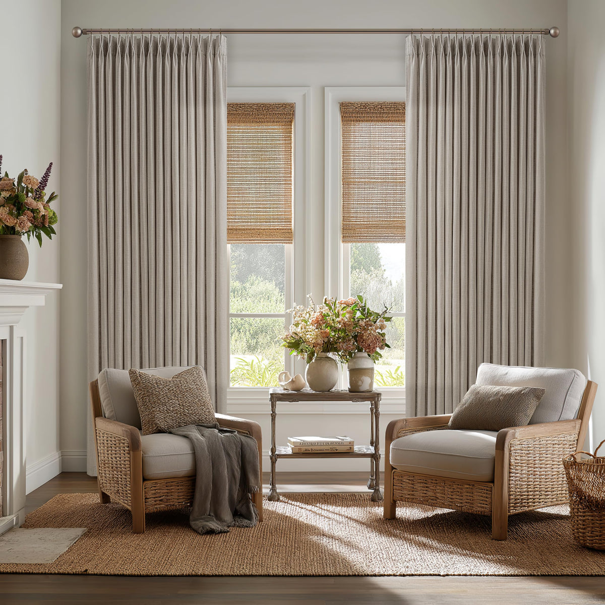 Natural Pinch Pleated Linen Blend Semi Sheer Window Curtains 90 Inches Long