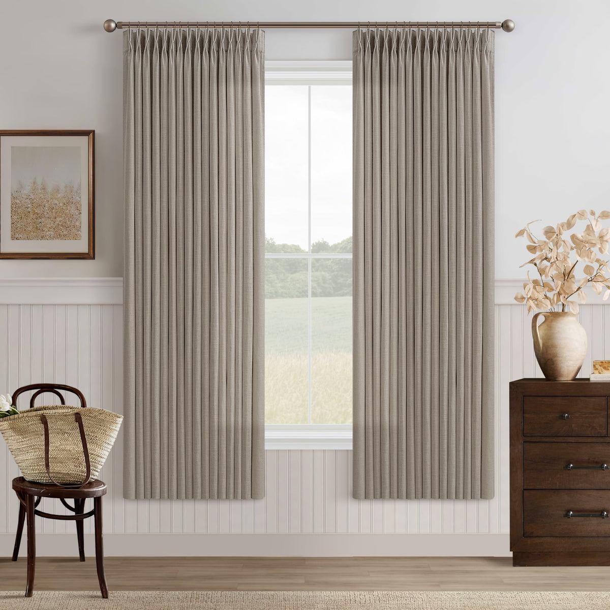 Natural Pinch Pleated Linen Blend Semi Sheer Window Curtains 90 Inches Long