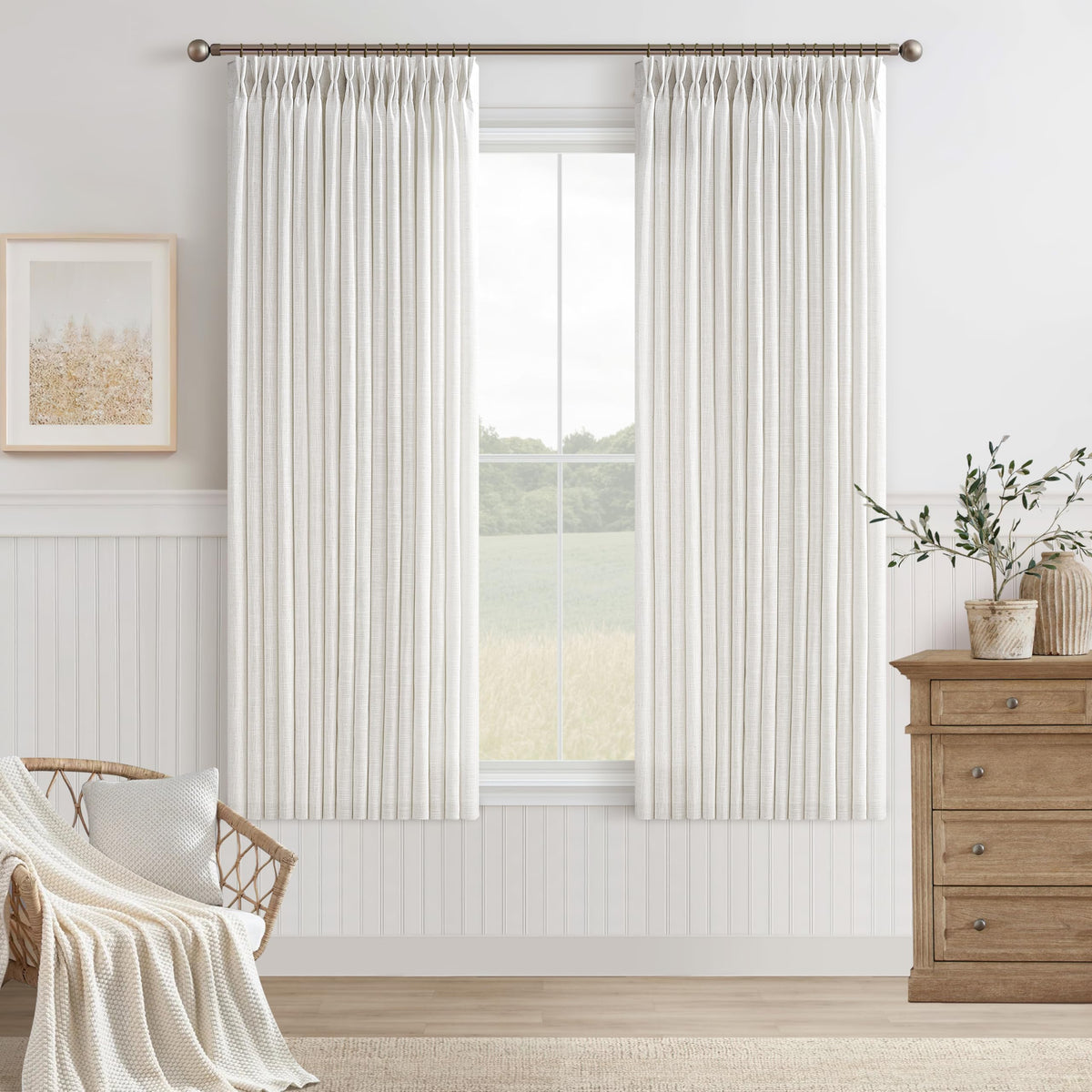 Natural Pinch Pleated Linen Blend Semi Sheer Window Curtains 90 Inches Long