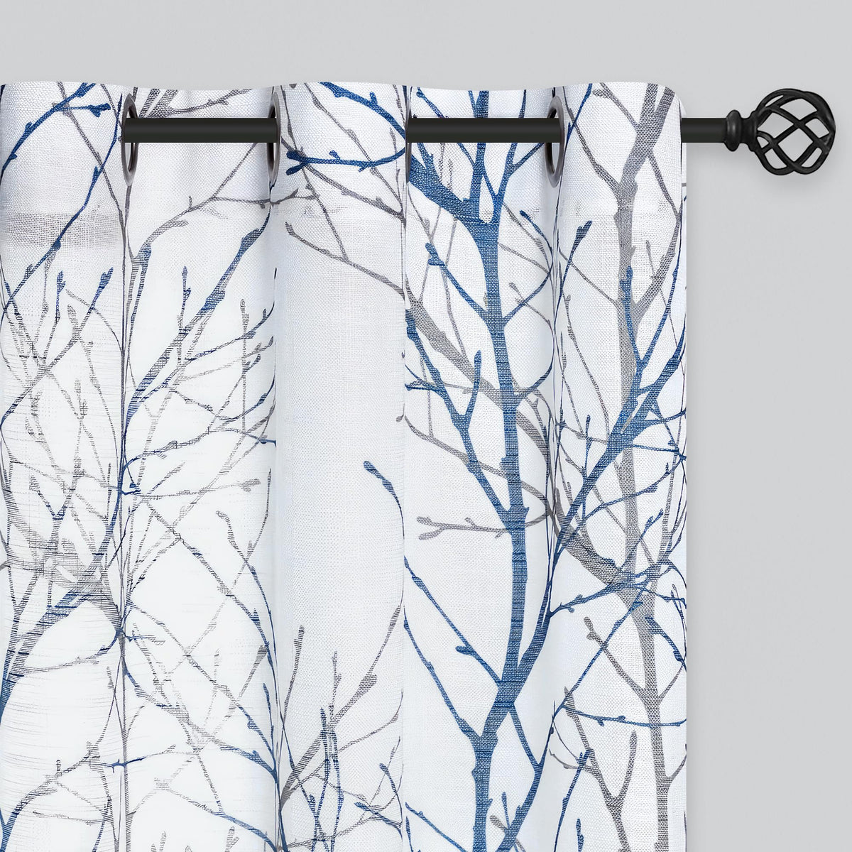FMFUNCTEX Linen Blue White Semi Sheer Print Curtains 84 Inch Long 2 Panels